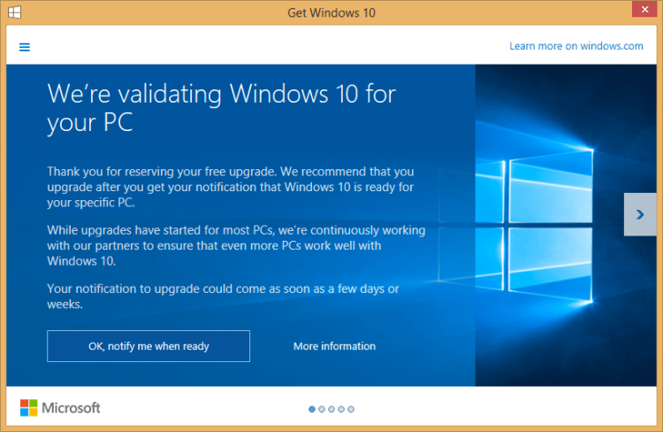 Mensaje de espera para la actualización de Windows 10